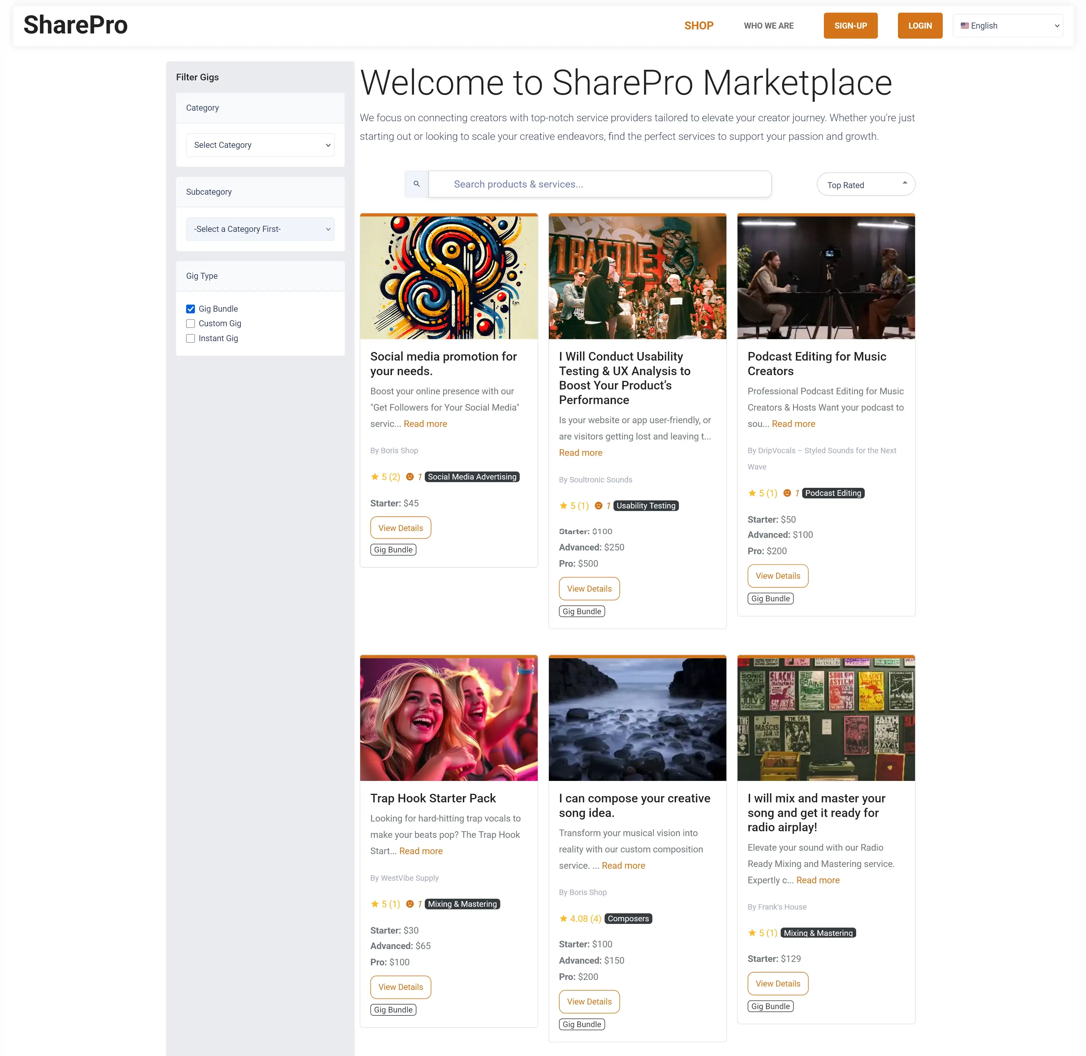 Vendor setting up their service listings on the SharePro multi-vendor marketplace platform